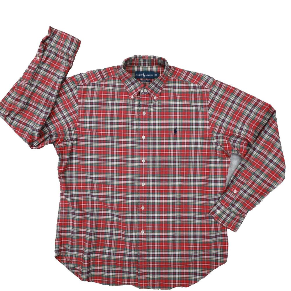 Ralph Lauren Vintage Mens Classic Fit Red Green Plaid Button Up Shirt size Large
